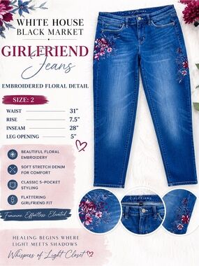 White House Black Market Embroidered Girlfriend Jeans – Floral Detail – Size 2